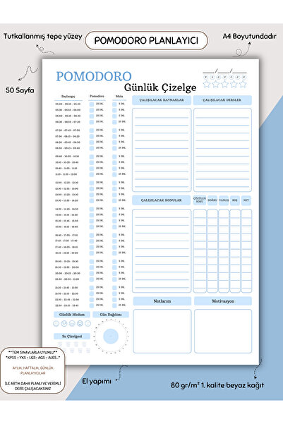 Else Craft Pomodoro Planlayıcı - A4 - Dikey - Ders Çalışma Planlayıcısı Notepad - Mavi No 4.04