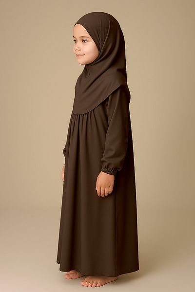 Mesa Charm One Piece Organic Cotton Headscarf Plug and Remove Hijab Children's Prayer Dress Bitter Brown