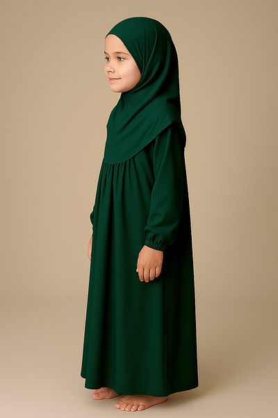 Mesa Charm One Piece Organic Cotton Hijab Plug and Remove Hijab Children's Prayer Dress Turban Green