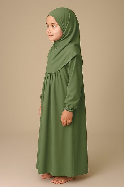 Mesa Charm One Piece Organic Cotton Hijab Plug and Remove Hijab Children's Prayer Dress Pistachio Green