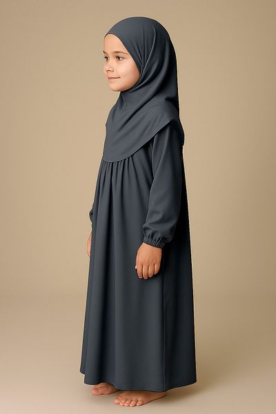 Mesa Charm One Piece Organic Cotton Hijab Plug and Remove Hijab Children's Prayer Dress Smoked