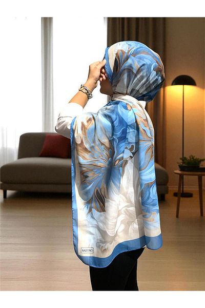 Baştacı 2025 Summer Season 0350 Flower Pattern Denim Blue Shawl