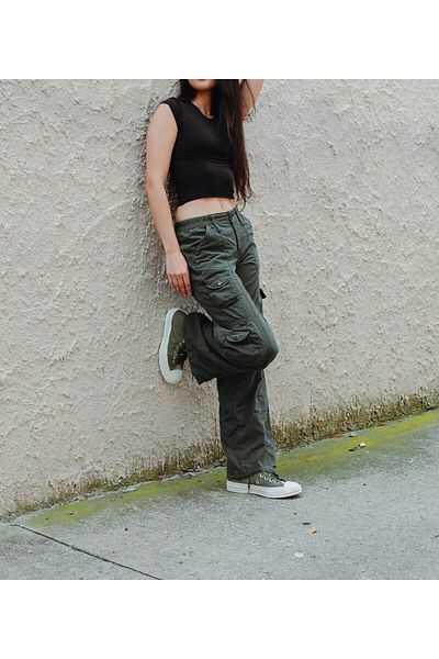 september island Dark Green Parachute Fabric Cargo Pants