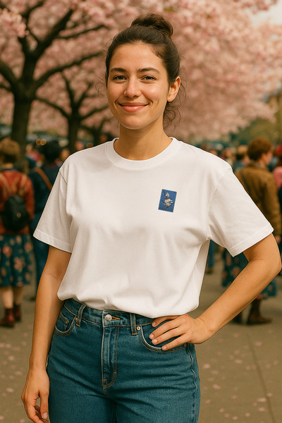 wolka تي شيرت نسائي أبيض برقبة دائرية وطبعة طوابع بريدية يابانية من Cherry Bl...