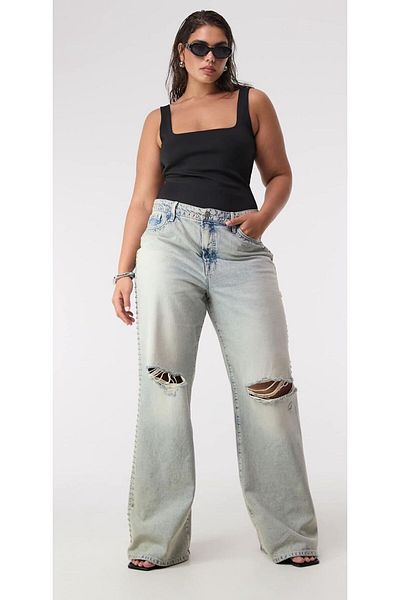 september island Light Blue Studded Wide Leg Comfortable Ripped Detailed Jeans