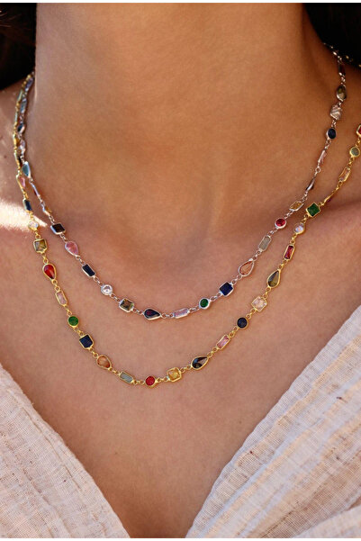 sirius jewelry 925 Ayar Gümüş Renkli Taşlı Zincir Kolye