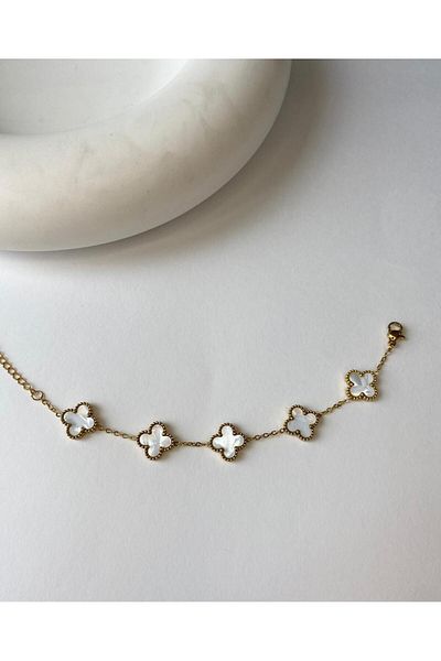 marsel aksesuar White with Stone Double-Way Clover Van Cleff Medium Steel Bracelet