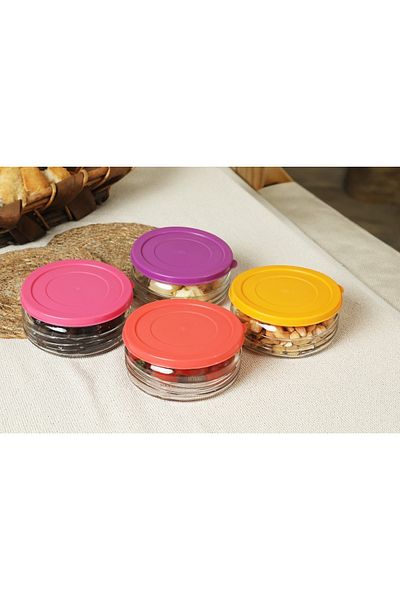YUNUSOĞLU HOME Premium Breakfast Set of 4 410 Cc |   Colorful Plastic Lid, Glass Storage Container, Airtight