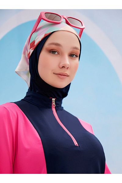 MAYOU Garnished Hijab Swimsuit - Fuchsia Navy Blue -