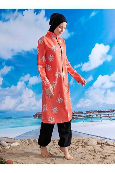MAYOU Feather Effect Hijab Swimsuit - Black Orange -
