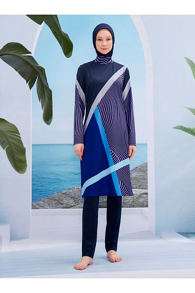 MAYOU Μοντέρνο ριγέ μαγιό Hijab - Navy Blue -