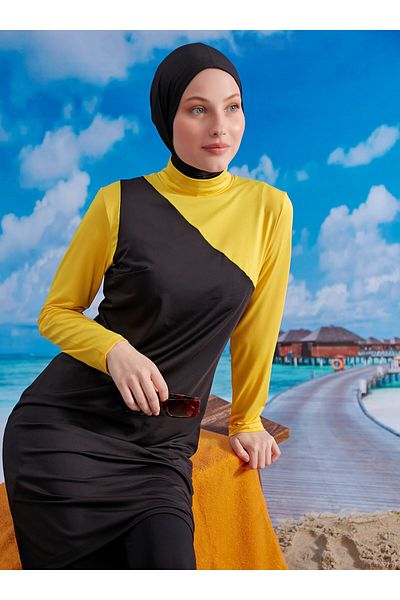 MAYOU Κομψό σχέδιο Hijab Μαγιό - Μαύρο Κίτρινο - Mayou