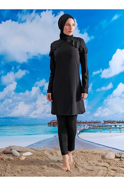 MAYOU Hijab Swimsuit with Ruffled Shoulders - Black -