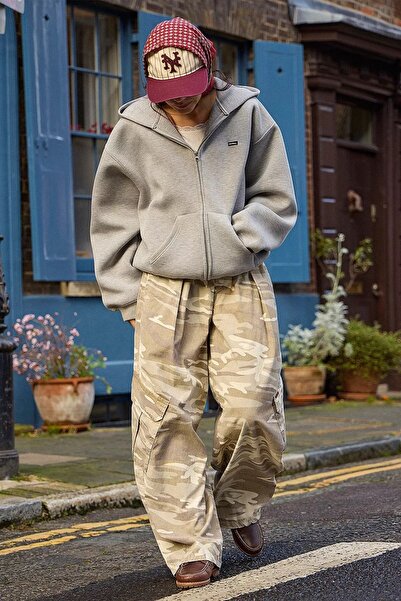 september island Sand Color Camouflage Patterned Shalwar Oversize Trousers