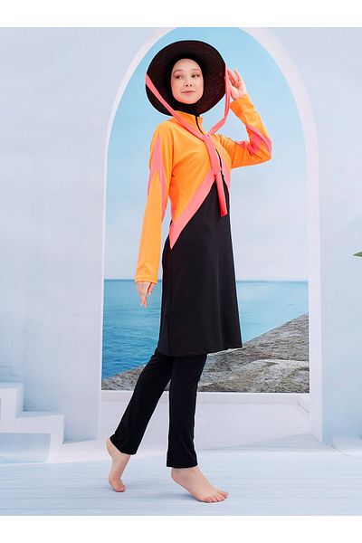 MAYOU Sports Colorful Hijab Swimsuit - Black - Orange -