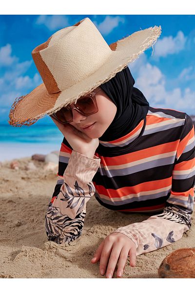 MAYOU Μαγιό Hijab με σχέδιο Leopard And Stripe - Μαύρο -
