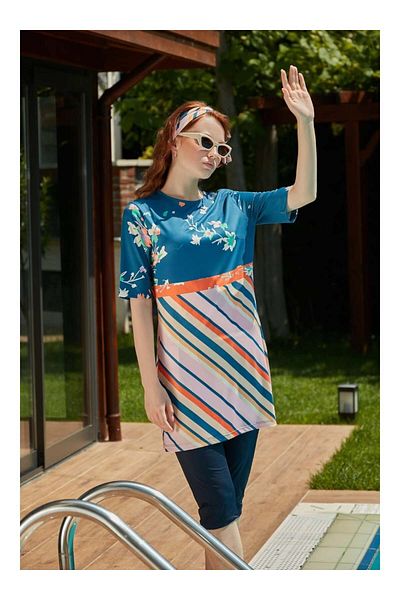 MAYOU Floral Stripe Pattern Half Covered Swimsuit - Mixed Color -