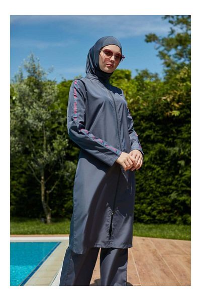 MAYOU Hijab Swimsuit with Striped Sleeves - Anthracite Fuchsia -Mayou