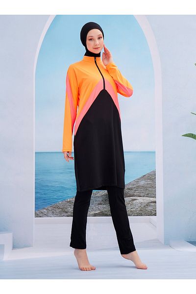 MAYOU Sports Colorful Hijab Swimsuit - Black - Orange -