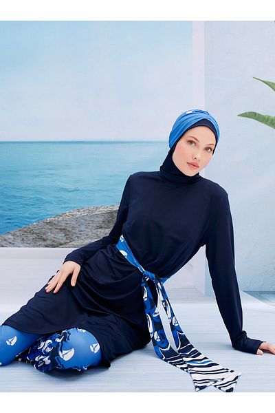 MAYOU Sailing Pattern Hijab Swimsuit Navy Blue