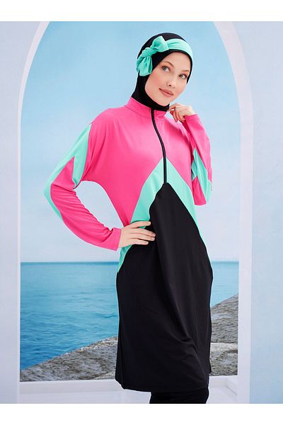 MAYOU Sports Colorful Hijab Swimsuit - Black - Fuchsia -