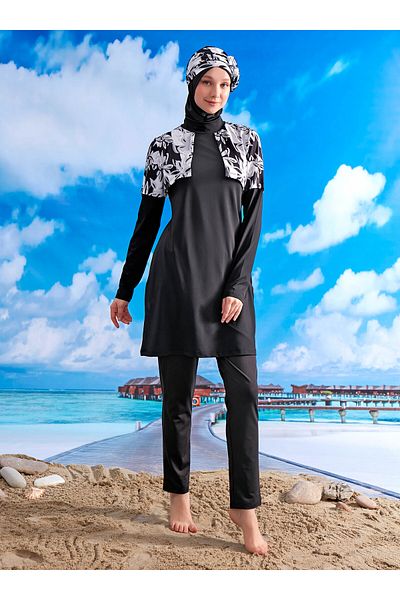 MAYOU Crop Look Hijab μαγιό - Ασπρόμαυρο -