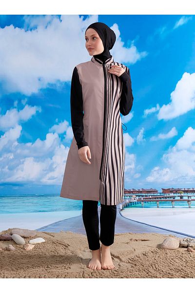 MAYOU Line Hijab Swimsuit - Black - Mink -