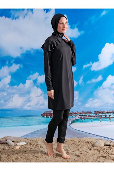 MAYOU Hijab Swimsuit with Ruffled Shoulders - Black -