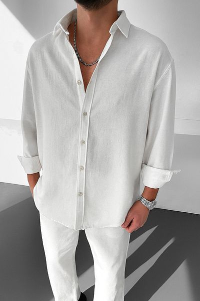 WAMOSSALAPLI Ανδρικό πουκάμισο Ayrobin Textured Owersie Λινό Λευκό