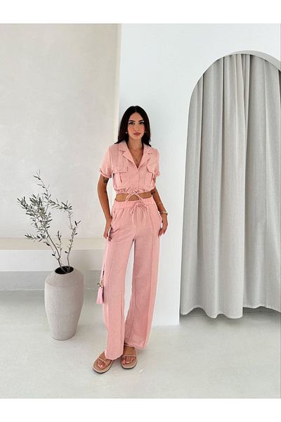 WellWay Imported Linen Fabric Yarn Detailed Crop Shirt & Trousers Double Set - Pink
