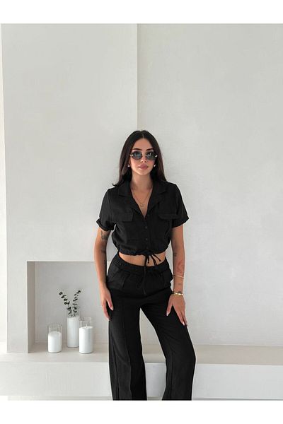 WellWay Imported Linen Fabric Yarn Detailed Crop Shirt & Trousers Double Set - Black