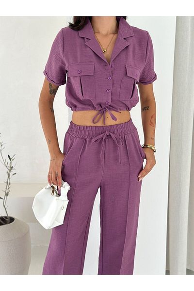 WellWay Imported Linen Fabric Yarn Detailed Crop Shirt & Trousers Two-Piece Set - Purple