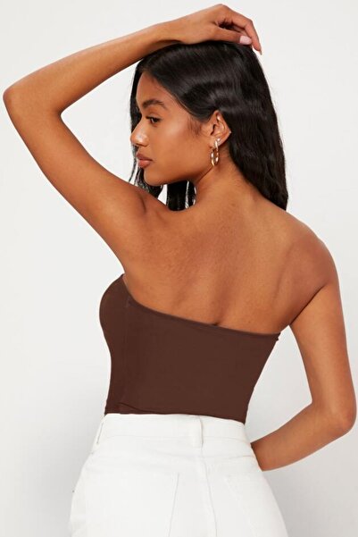 Olyssia Дамски кафяв топ без презрамки - бюстие от джърси / гъвкава стилна базова блуза