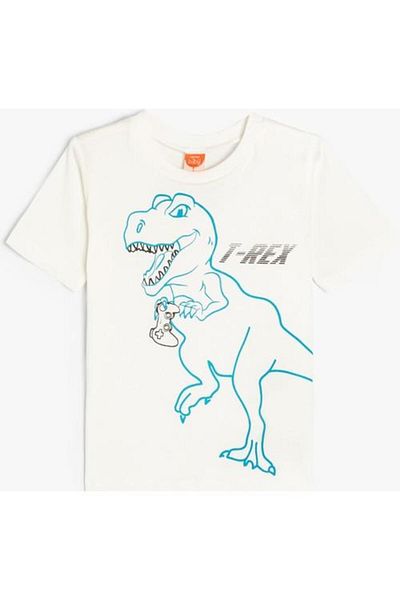 Koton Cotton Short Sleeve Dinosaur T-Shirt - Crew Neck