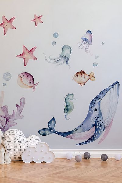 Grafikup Σετ αυτοκόλλητων τοίχου Ocean - Σετ διακόσμησης παιδικού δωματίου με θέμα τη θάλασσα