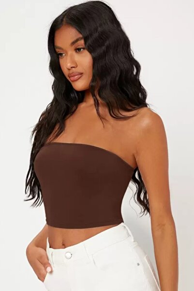 Olyssia Дамски кафяв топ без презрамки - бюстие от джърси / гъвкава стилна базова блуза