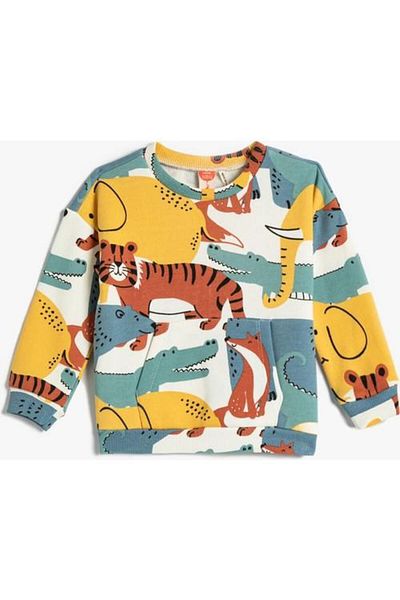 Koton Sweatshirt Animals Printed Rose Gold Long Sleeve Crew Neck Cotton
