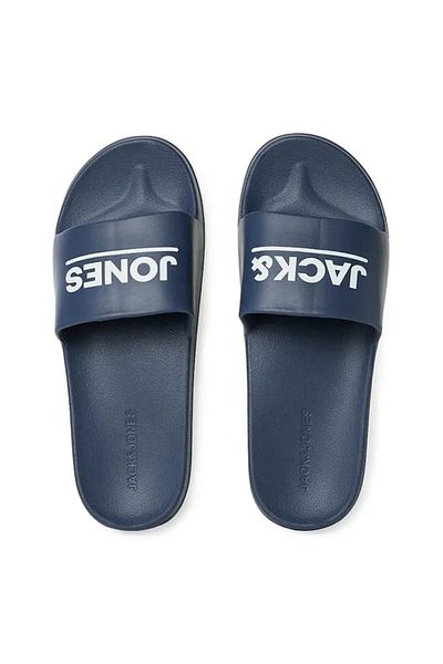 Jack & Jones Men's Brand Logo Comfortable Sole Stylish Appearance Navy Blue Slippers for Daily and Beach Use 12236477