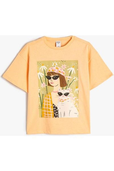 Koton Cat Printed Cotton Short Sleeve T-Shirt - Crew Neck