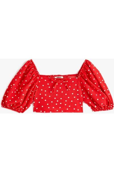 Koton Short Balloon Sleeve Crop Blouse with Polka Dot Bow Detail