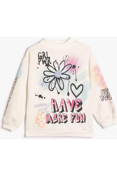 Koton Sweatshirt Sheer Round Neck Graffiti Printed Long Sleeve
