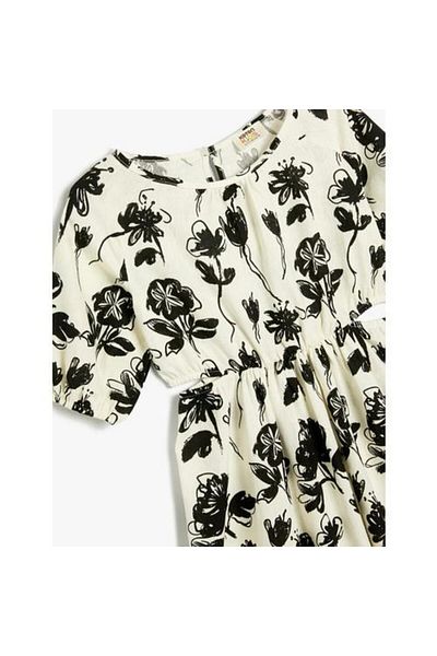 Koton Λινό Φόρεμα Floral Μπαλόνι μανίκι στρογγυλή λαιμόκοψη