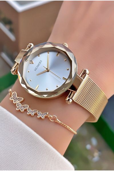 Homies Yellow Silver Colored Waterproof Women's Wristwatch and Bracelet Gift