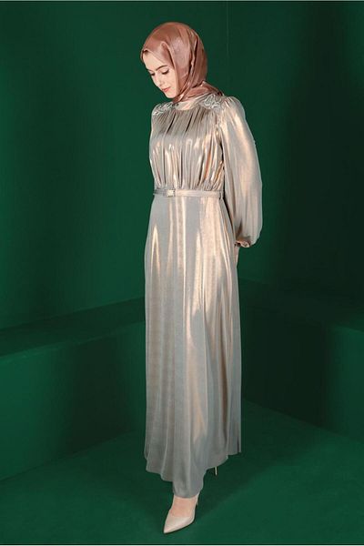 Alvina Shiny Belted Evening Dress - 50247