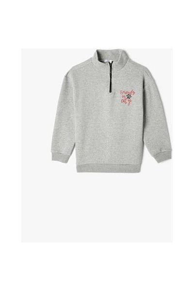 Koton Stand Collar Pocket and Half Zipper Sweatshirt - Print Detail