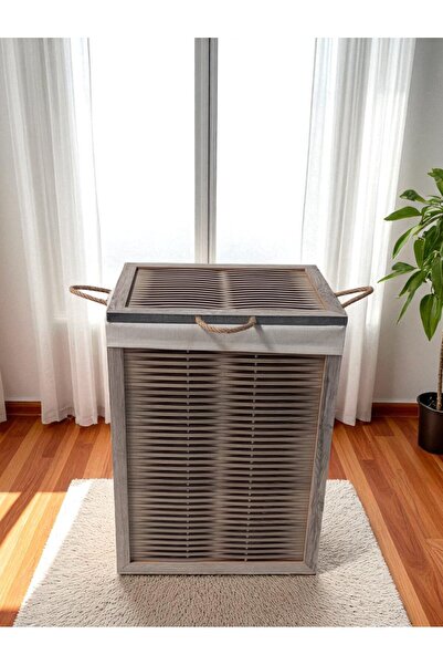 woodluck 95 L Ahşap Kirli Çamaşır Sepeti Yıkanabilir Kumaşlı 60 x 40 Ahşap Gr...