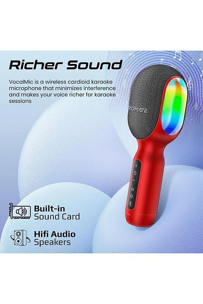 Promate Wireless Bluetooth Karaoke Microphone, Handheld 5-in-1 Karaoke Microphone & Speaker with LED