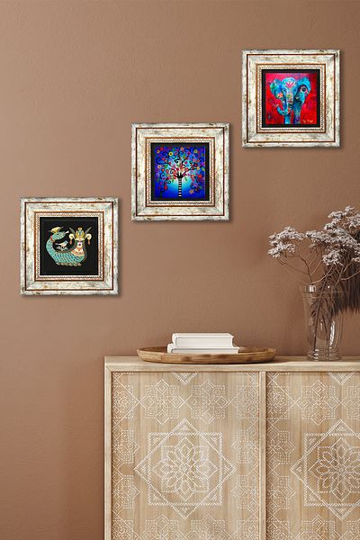 Pinecone Elephant, Tree of Life, Shahmeran Stone Wall Painting Framed Wall Decor 3 Piece Painting Set Tk3-322