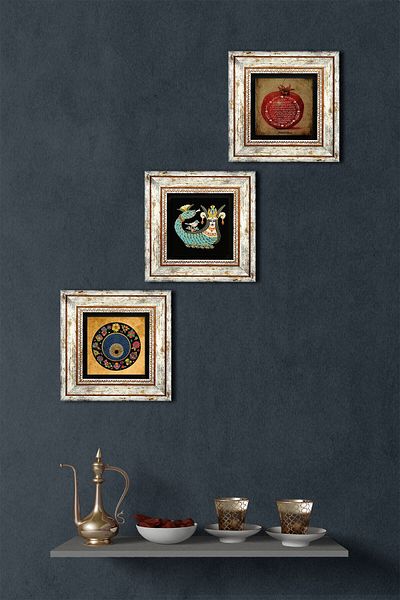 Pinecone Evil Eye Bead, Prayer of Fertility, Shahmeran Stone Wall Painting Framed Wall Decor 3 Piece Set Wall Art