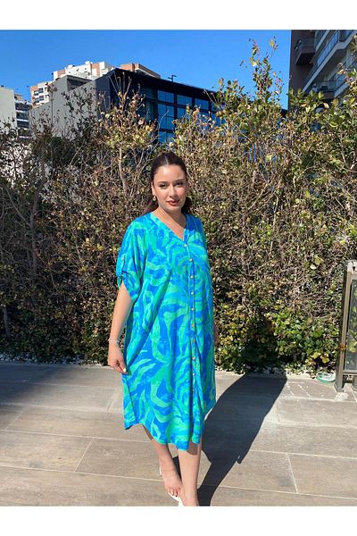 ELSEBUTİKTR Women's Loose Cut Cotton Viscose Dress with Sleeve Epaulettes